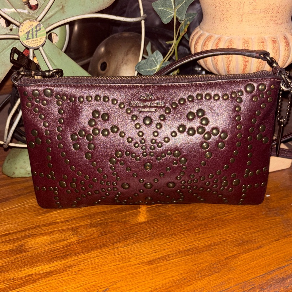 Coach Burgundy Leather Studded Heart Crossbody Bag & Wristlet